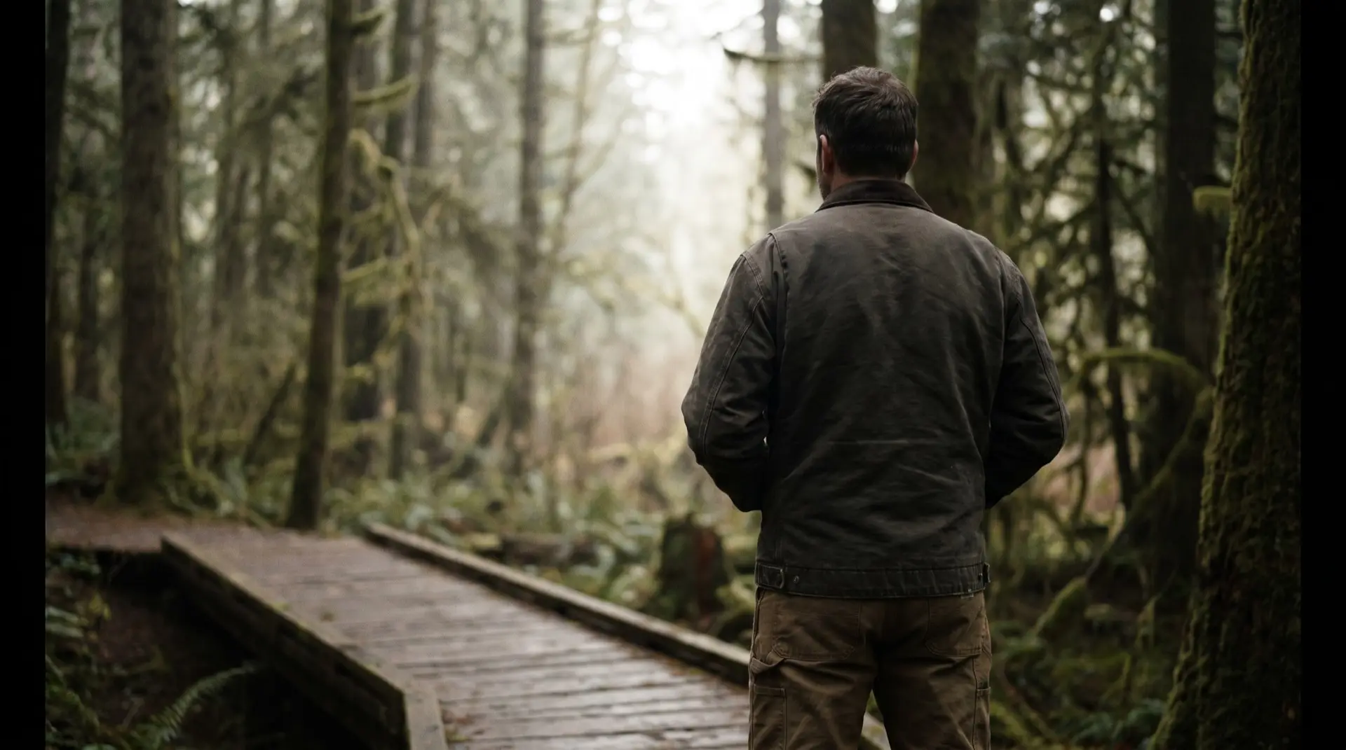A misted British Columbia coastal forest at first light, a single path leading through the trees.